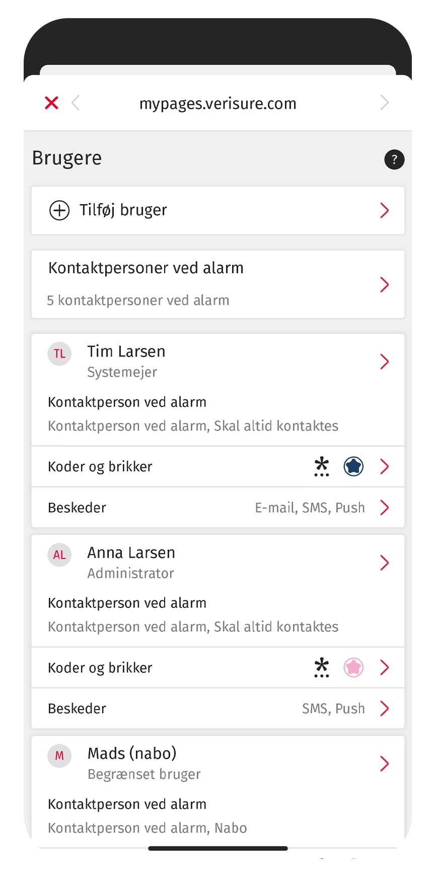 Administrere brugere i Verisure app